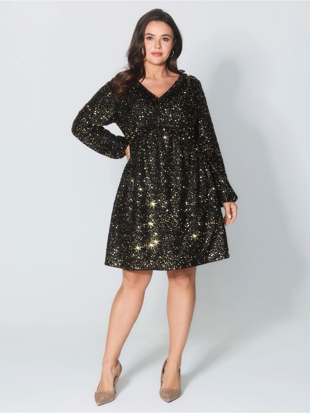 Bloomchic Black Sequin 26/28 Long Sleeve V-Neck Knee Length Shimmery Dress 👗
